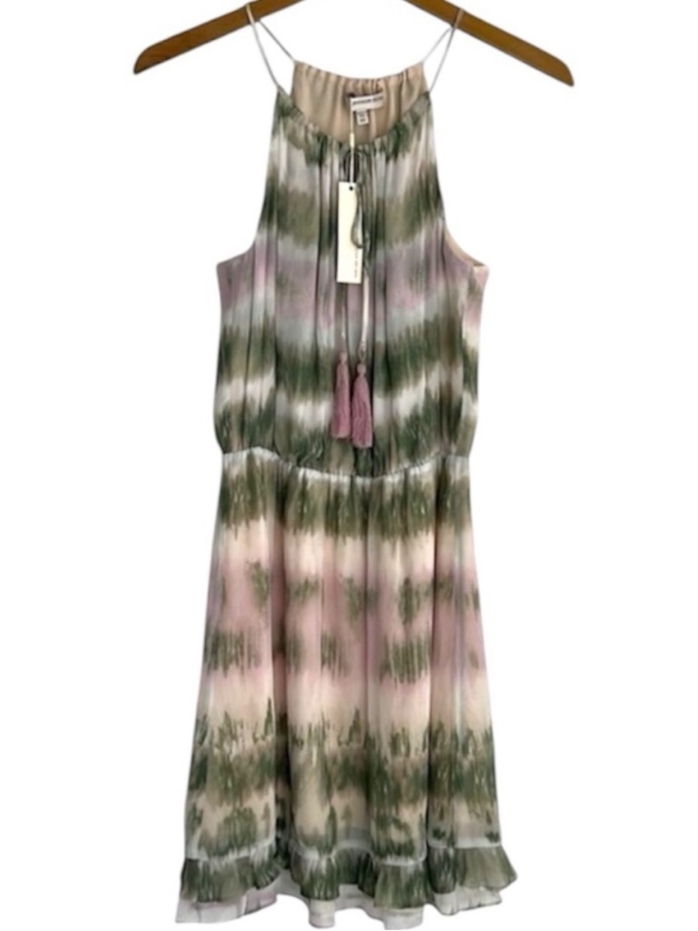 NWT Lavender Brown Halter Mini Dress XS Boho Tassel Tie Lilac Green USA